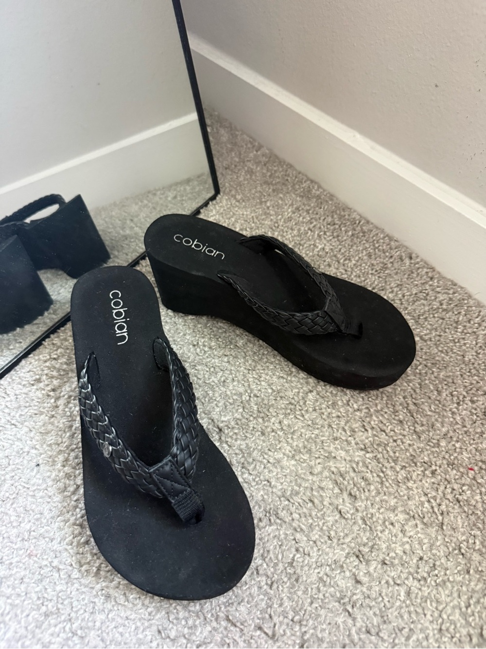 Cobian Zoe Black Cushioned Braided Wedge Flip Flops, 9